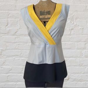 BCBG Blue Yellow Sleeveless V-neck Tie Back Top